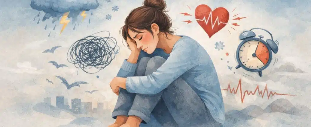 Illustration poétique de l'anxiété et de la fatigue émotionnelle montrant une femme entourée de pensées envahissantes, de stress et de gestion du temps.