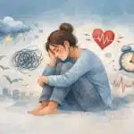 Illustration poétique de l'anxiété et de la fatigue émotionnelle montrant une femme entourée de pensées envahissantes, de stress et de gestion du temps.