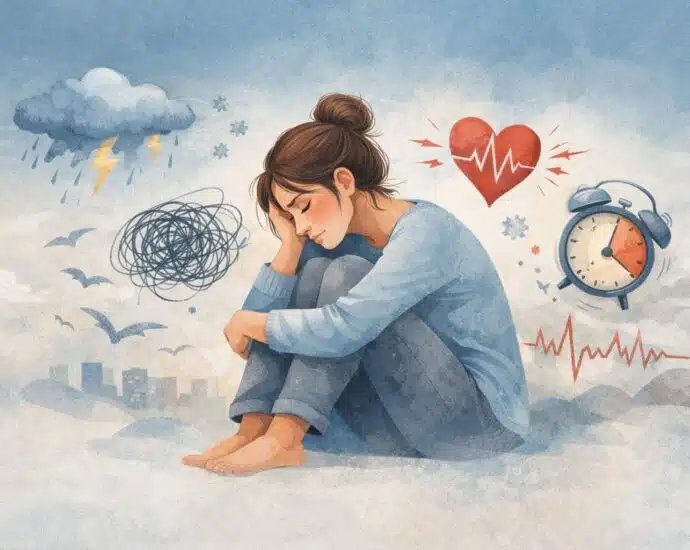 Illustration poétique de l'anxiété et de la fatigue émotionnelle montrant une femme entourée de pensées envahissantes, de stress et de gestion du temps.