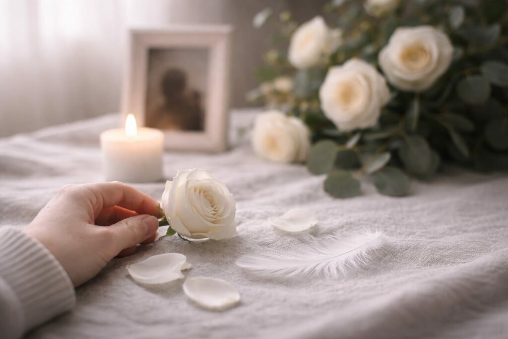 Accompagnement du deuil à Perpignan : une main posée près d'une rose blanche et d'une bougie, symbolisant la thérapie et le soutien émotionnel chez Marjorie Pascual.