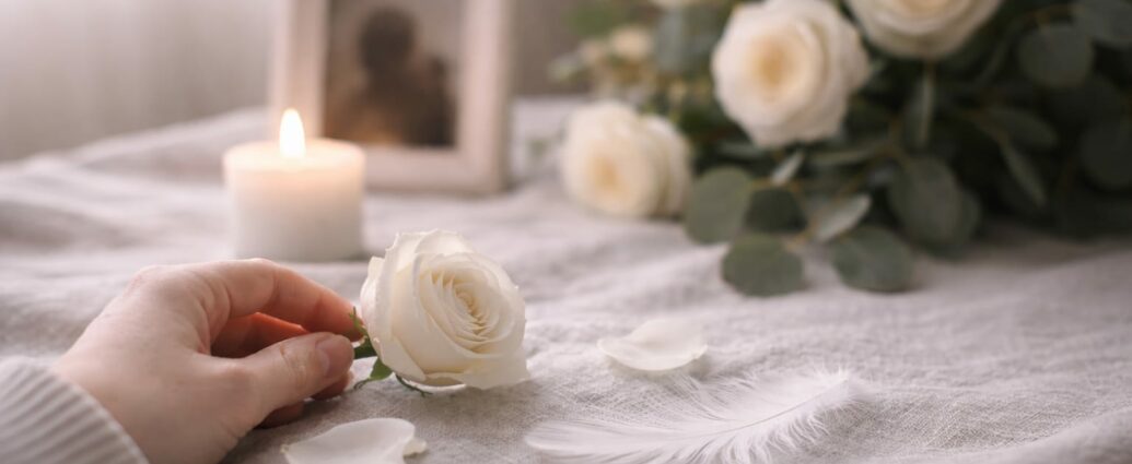 Accompagnement du deuil à Perpignan : une main posée près d'une rose blanche et d'une bougie, symbolisant la thérapie et le soutien émotionnel chez Marjorie Pascual.