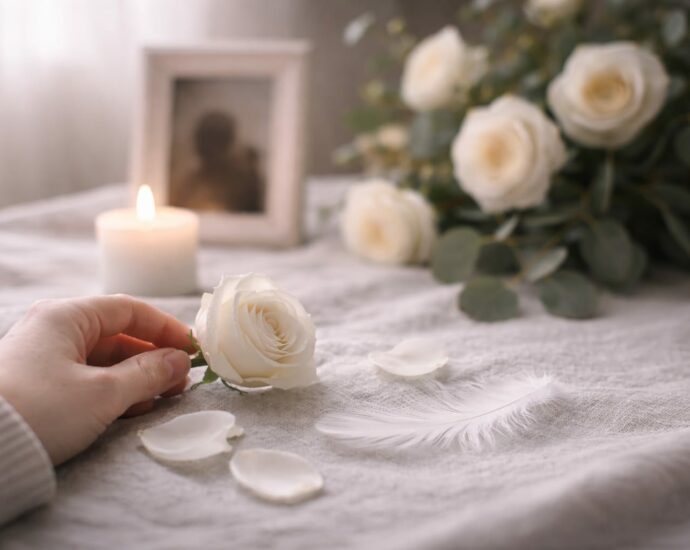 Accompagnement du deuil à Perpignan : une main posée près d'une rose blanche et d'une bougie, symbolisant la thérapie et le soutien émotionnel chez Marjorie Pascual.