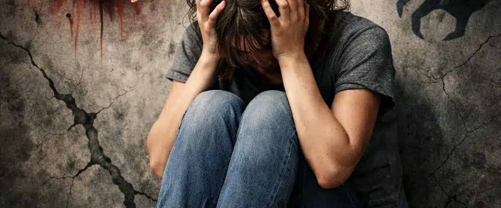 Illustration symbolique d'une crise d'angoisse avec palpitations cardiaques, pensées chaotiques et sensations de peur intense.