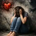 Illustration symbolique d'une crise d'angoisse avec palpitations cardiaques, pensées chaotiques et sensations de peur intense.