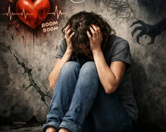 Illustration symbolique d'une crise d'angoisse avec palpitations cardiaques, pensées chaotiques et sensations de peur intense.