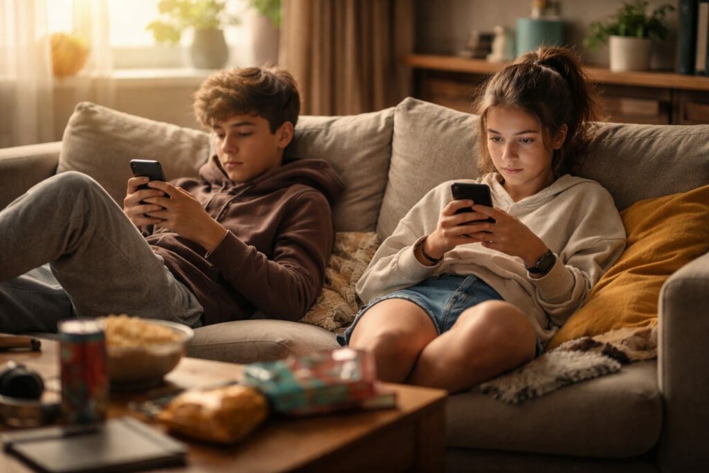 Adolescents utilisant l'application TikTok sur smartphone, illustration du rapport aux écrans et de l'ennui.