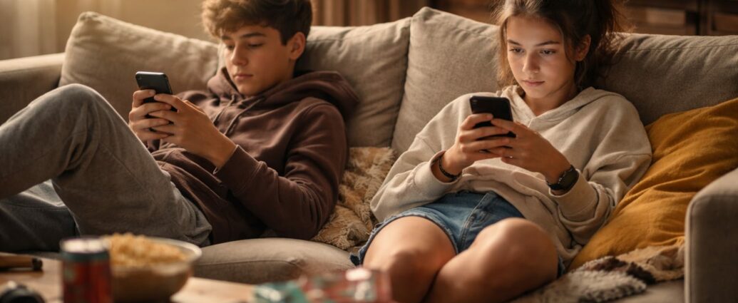 Adolescents utilisant l'application TikTok sur smartphone, illustration du rapport aux écrans et de l'ennui.