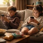 Adolescents utilisant l'application TikTok sur smartphone, illustration du rapport aux écrans et de l'ennui.