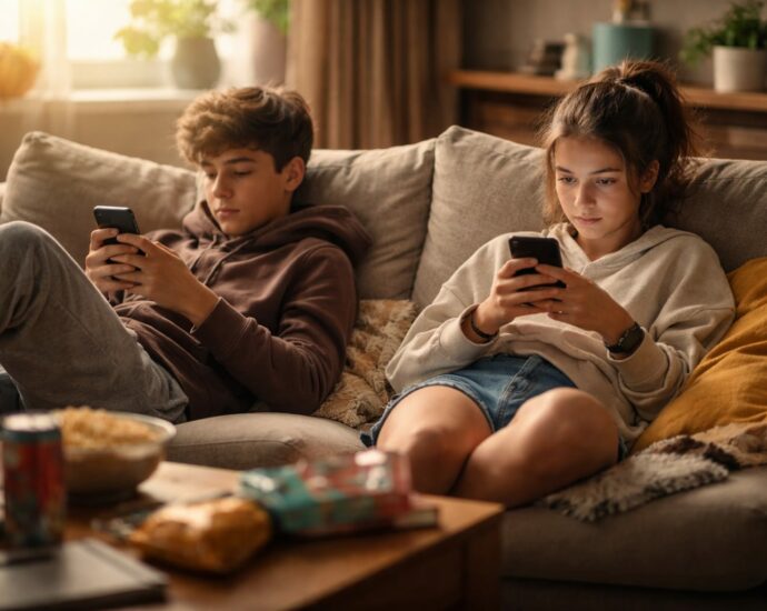 Adolescents utilisant l'application TikTok sur smartphone, illustration du rapport aux écrans et de l'ennui.