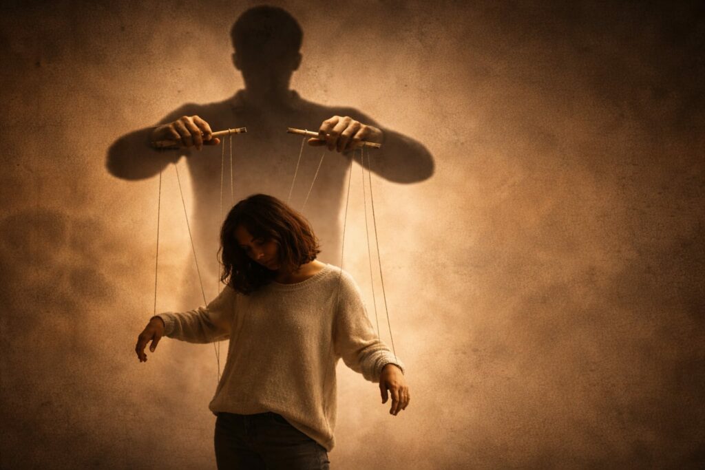 Photographie conceptuelle illustrant la manipulation mentale et l'emprise : une femme passive est contrôlée comme une marionnette par l'ombre d'un homme tenant des barres de contrôle avec des cordes. Fond sépia brumeux.