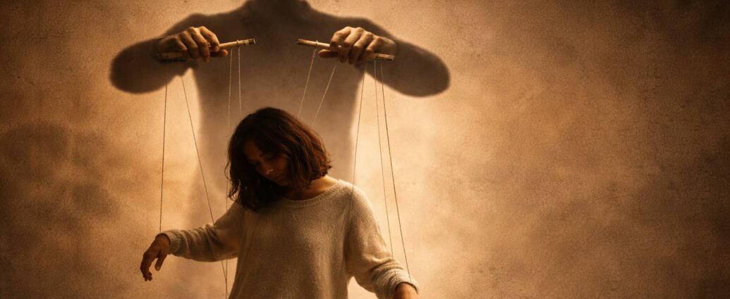 Photographie conceptuelle illustrant la manipulation mentale et l'emprise : une femme passive est contrôlée comme une marionnette par l'ombre d'un homme tenant des barres de contrôle avec des cordes. Fond sépia brumeux.