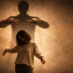 Photographie conceptuelle illustrant la manipulation mentale et l'emprise : une femme passive est contrôlée comme une marionnette par l'ombre d'un homme tenant des barres de contrôle avec des cordes. Fond sépia brumeux.