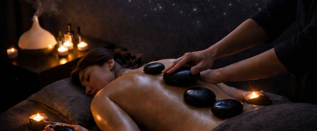 Soin neuro-sensoriel à Perpignan : massage aux pierres chaudes dans une ambiance relaxante sous un ciel étoilé pour l'apaisement mental.