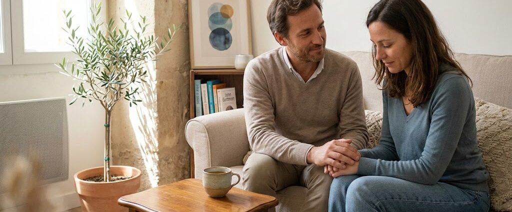 Un couple assis sur un canapé dans un cabinet chaleureux, l'homme tient la main de la femme avec bienveillance, illustrant une séance de thérapie de couple à Perpignan avec Marjorie Pascual.