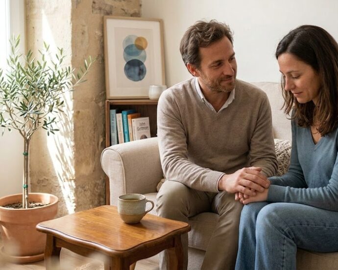 Un couple assis sur un canapé dans un cabinet chaleureux, l'homme tient la main de la femme avec bienveillance, illustrant une séance de thérapie de couple à Perpignan avec Marjorie Pascual.