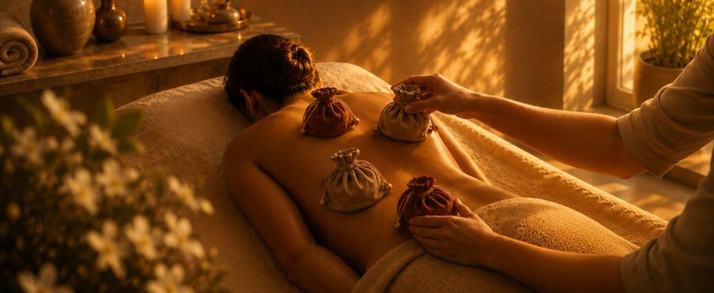 Rituel Éclat d'Or par Marjorie Pascual à Perpignan : soin de somatothérapie avec pochons chauffés au néroli dans une atmosphère de luminothérapie dorée.